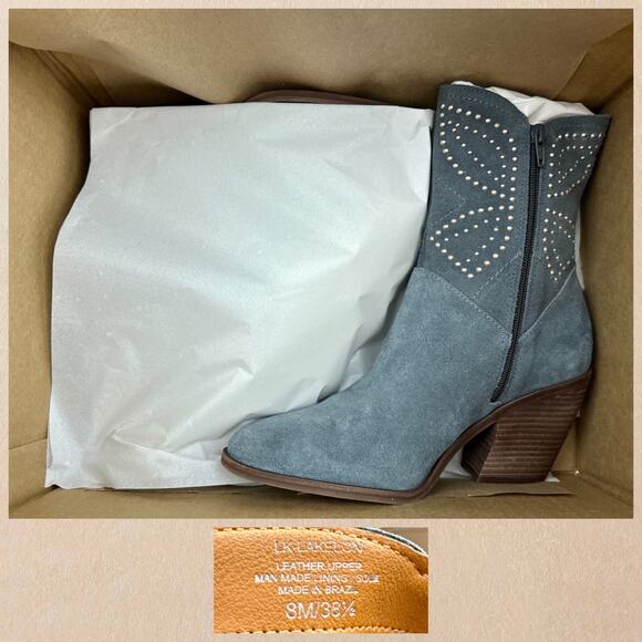 NWOB Lucky Brand Lakelon 8M Suede Cowboy Western Boots Castle Rock Metallic Bead - Picture 12 of 12